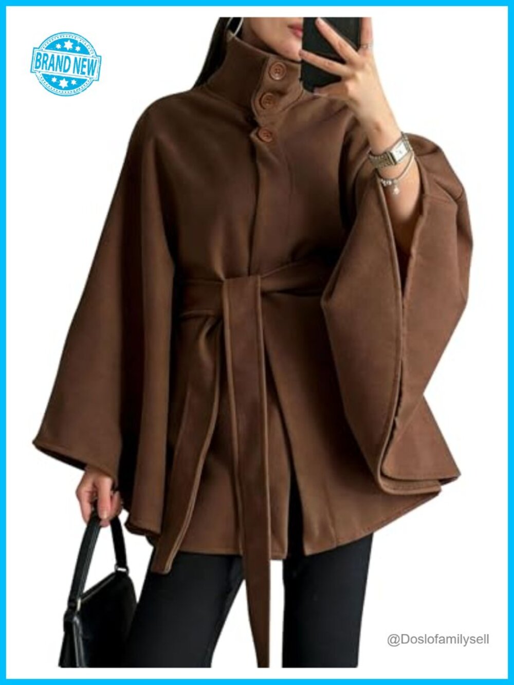 Wool Blend Belted Cape Coat Batwing Sleeve Poncho Trench Outerwear